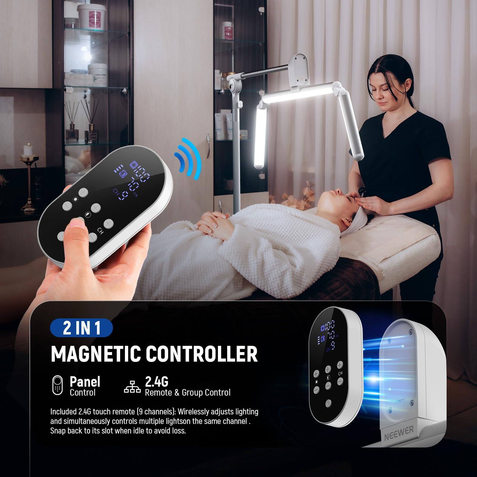 6 IN 1 MAGNETIC CONTROLLER Panel 2.4G Control Remote & Group Control

Included 2.4G touch remote (9 channels): Wirelessly adjusts lighting and simultaneously controls multiple lights on the same channel. Snap back to its slot when idle to avoid loss.

NEEWER

2 IN 1
MAGNETIC CONTROLLER

Panel Control
2.4G Remote & Group Control

Included 2.4G touch remote (9 channels): Wirelessly adjusts lighting and simultaneously controls multiple lights on the same channel. Snap back to its slot when idle to avoid loss.