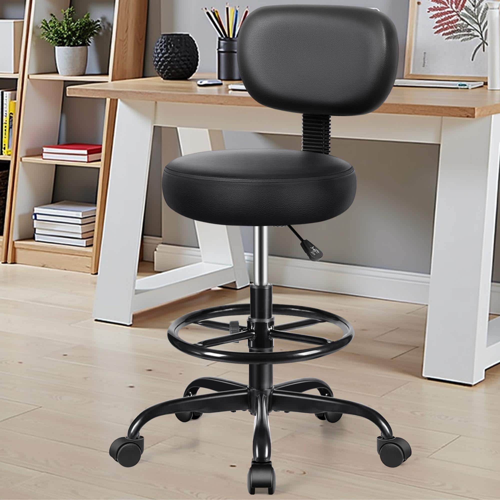 KERDOM - Height Adjustable Drafting Chair with Footrest Removable Back, PU Leather Swivel Stool with Wheels for Office, Salon - Black