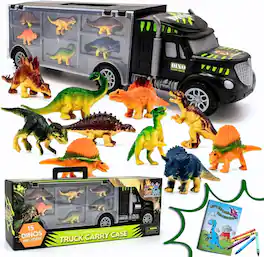 Toyvelt - Dinosaur Toys for Kids Ages 3-7 - Car Carrier Truck Toy with 15 Dino Figures & Bonus Book - Dinosaur Truck