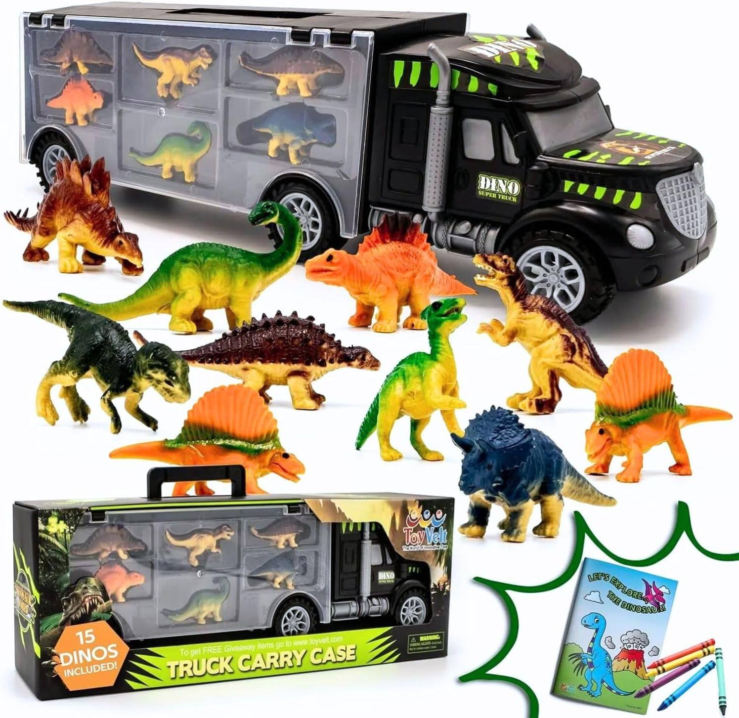 X SH 1 H DINO MP TELCE ToyVel 15 DINOS INCLUDED! DENO Rems go to www.loyvelt.com To get FREE Giveaway CARRY CASE TRUCK - LEPS TOXE EPLOG BORD