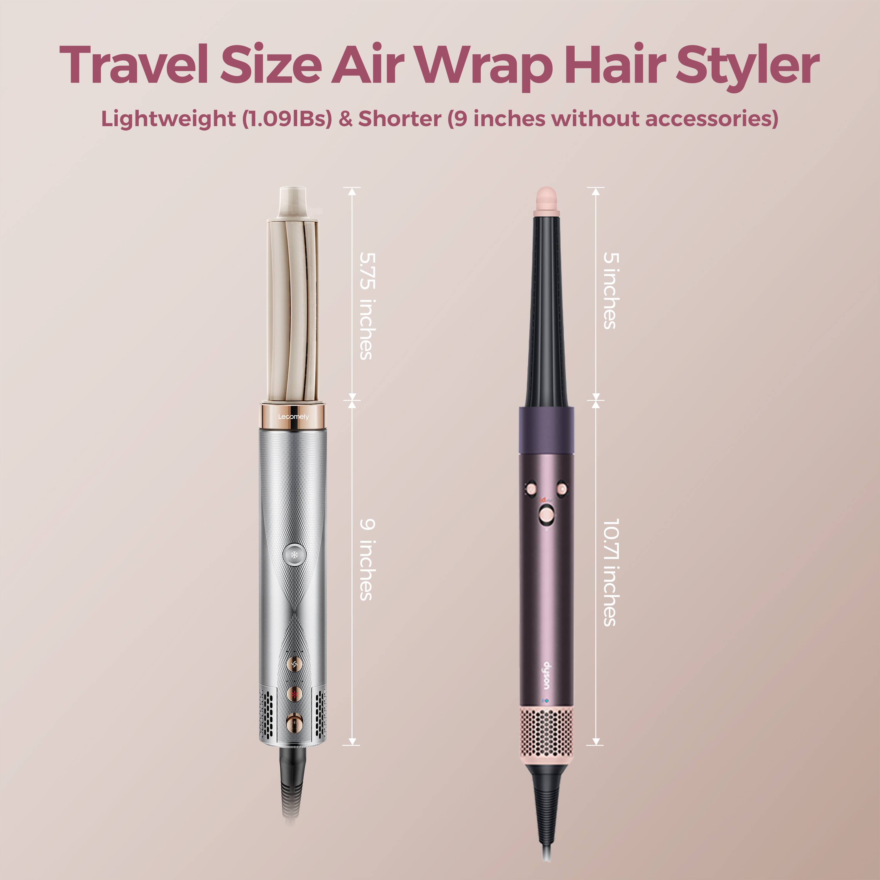Travel Size Air Wrap Hair Styler Lightweight (1.09lbs) & Shorter (9 inches without accessories)

- 5.75 inches
- 5 inches
- 6 inches
- 10.71 inches