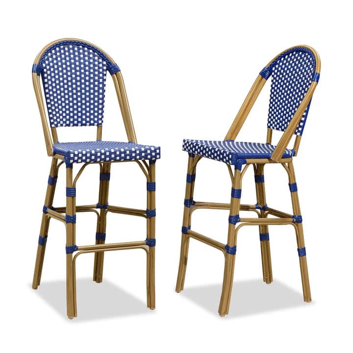 PURPLE LEAF - French Bar Height Bar Stool Set of 2 Patio Bar Chairs with Back Rattan Bar Chairs French Bistro Set - Bamboo Pattern/Royal Blue-Bar Stool price history on PriceWatchPro