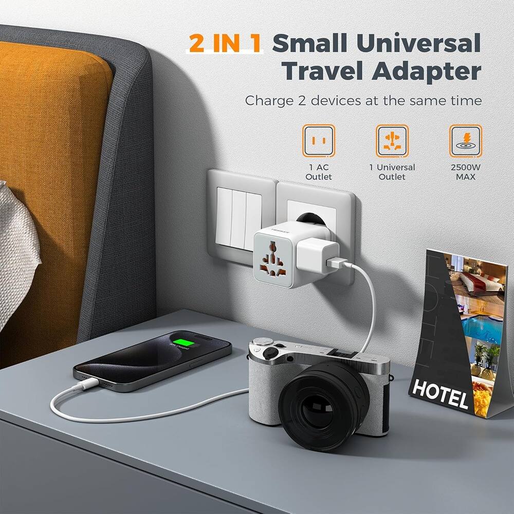 2 IN 1 Small Universal Travel Adapter  
Charge 2 devices at the same time  
1 AC Outlet  
1 Universal Outlet  
2500W MAX