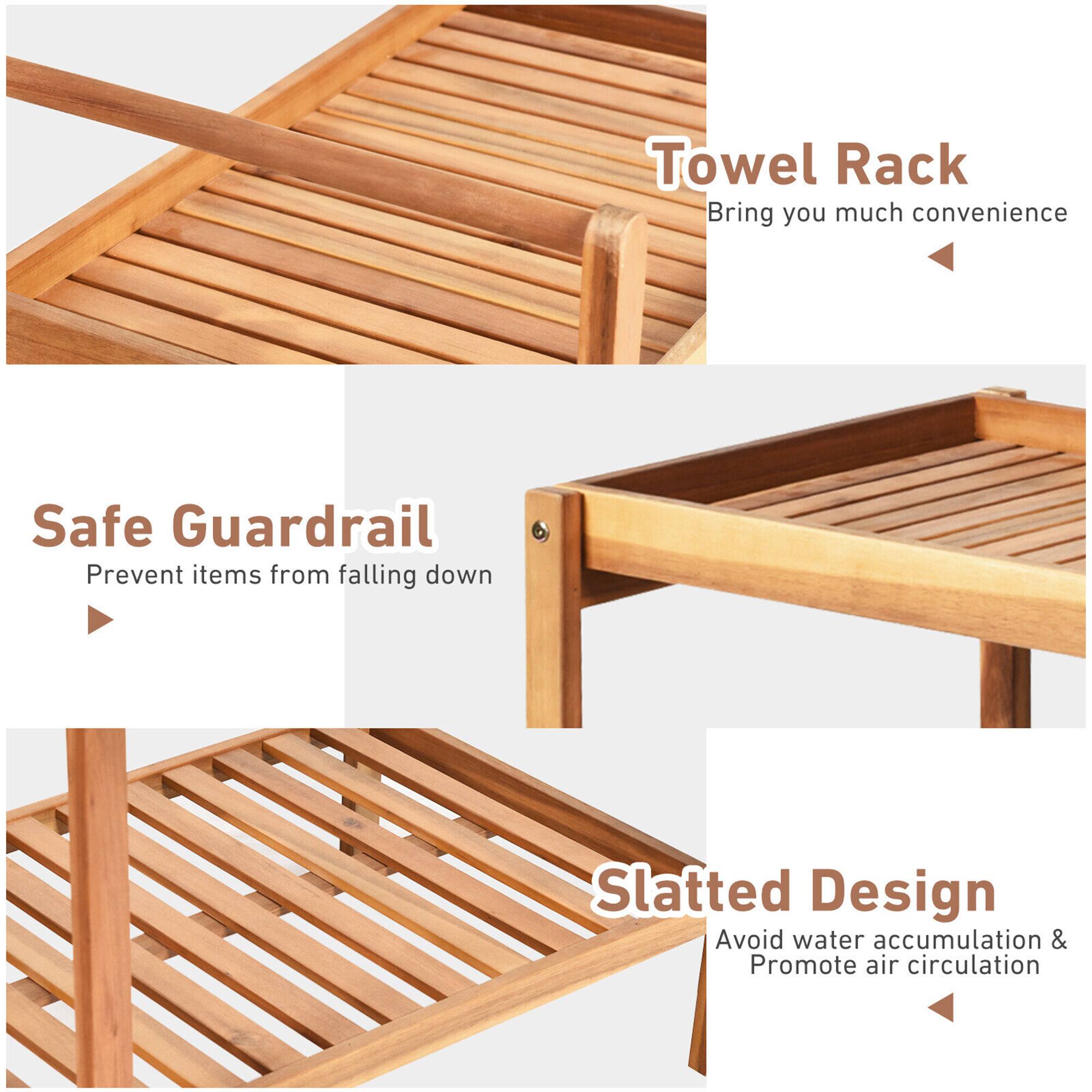 - **Towel Rack**  
  Bring you much convenience

- **Safe Guardrail**  
  Prevent items from falling down

- **Slatted Design**  
  Avoid water accumulation & Promote air circulation