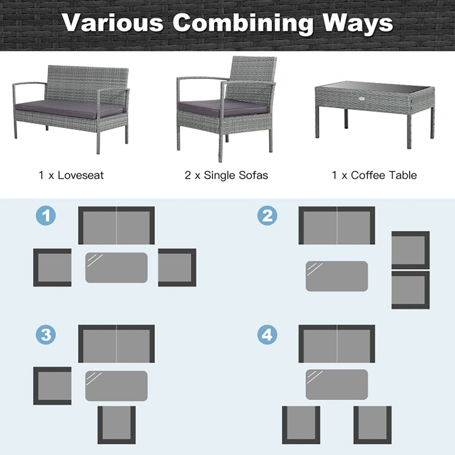 Various Combining Ways  
1 x Loveseat  
2 x Single Sofas  
1 x Coffee Table  

1  
2  
3  
4