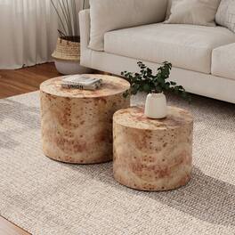 Loheer - Nesting Coffee Table Set of 2 Modern Round Wood Drum Side Accent Tables for Small Spaces Living Room - Natural Burl