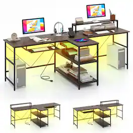 SlickBlue - 2-Person Long Reversible Computer Desk with LED Lights and Storage Space - Walnut