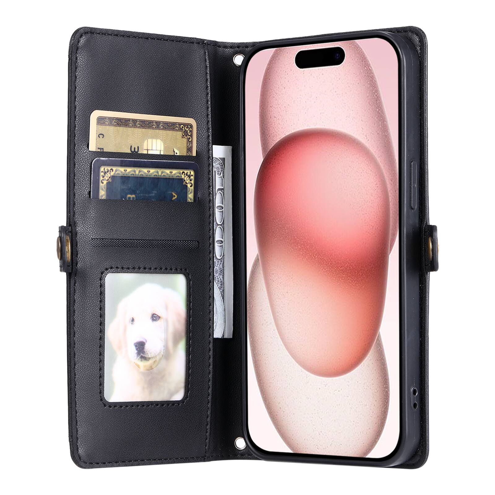 Angle. Dteck - Foilo Wallet Case for Apple iPhone 17,Shockproof Card Holder PU Leather Magnetic Snap Phone Cover with Lanyard - Black.