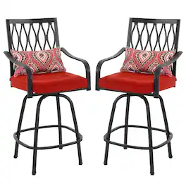 Nuu Garden - 2-Piece Outdoor Patio Metal Swivel Bar Stools with Padded Cushions and Extra Pillows, Square-to-Round Footrest - Black and Red