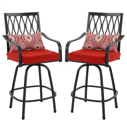 Front. Nuu Garden - 2-Piece Outdoor Patio Metal Swivel Bar Stools with Padded Cushions and Extra Pillows, Square-to-Round Footrest - Black and Red.