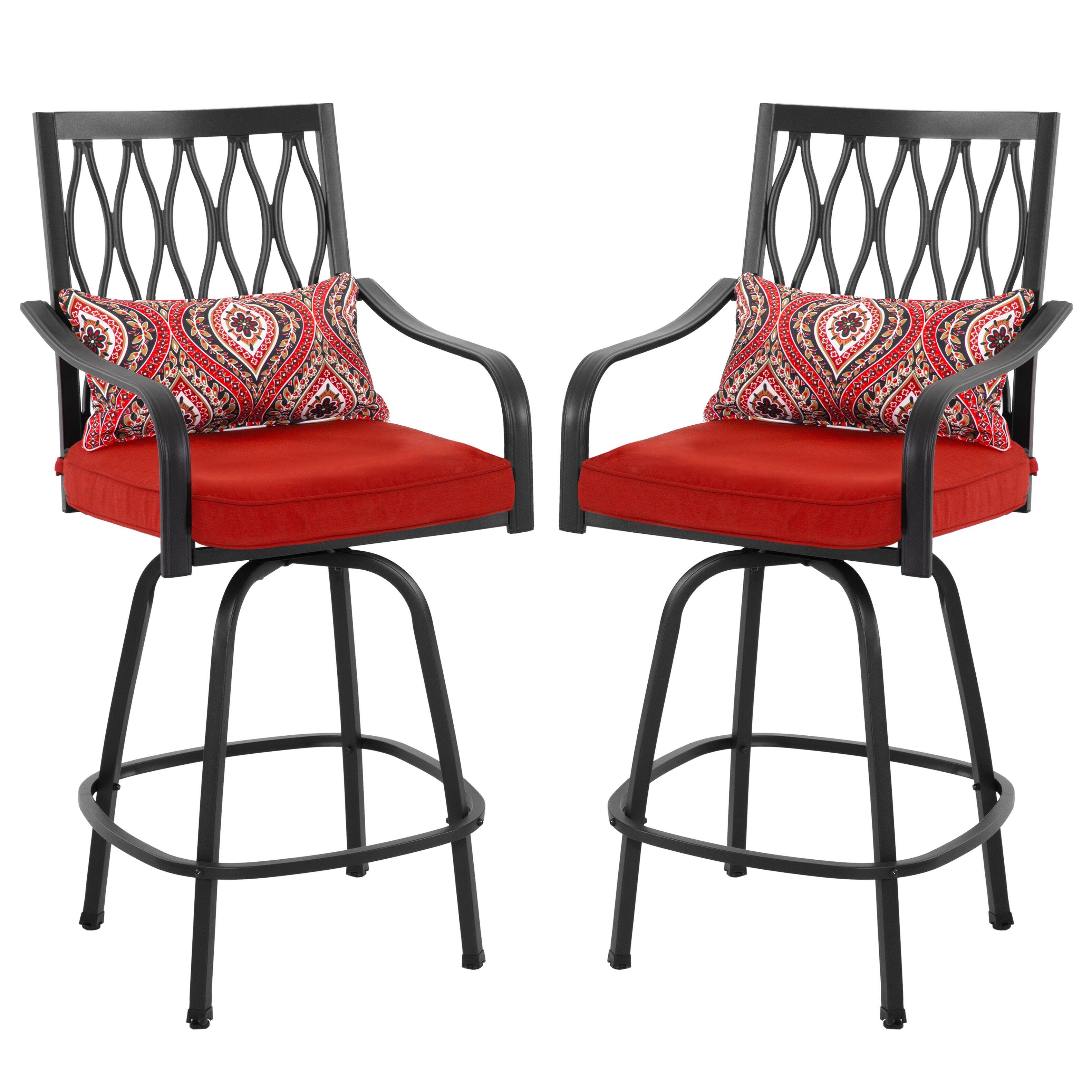 Front. Nuu Garden - 2-Piece Outdoor Patio Metal Swivel Bar Stools with Padded Cushions and Extra Pillows, Square-to-Round Footrest - Black and Red.