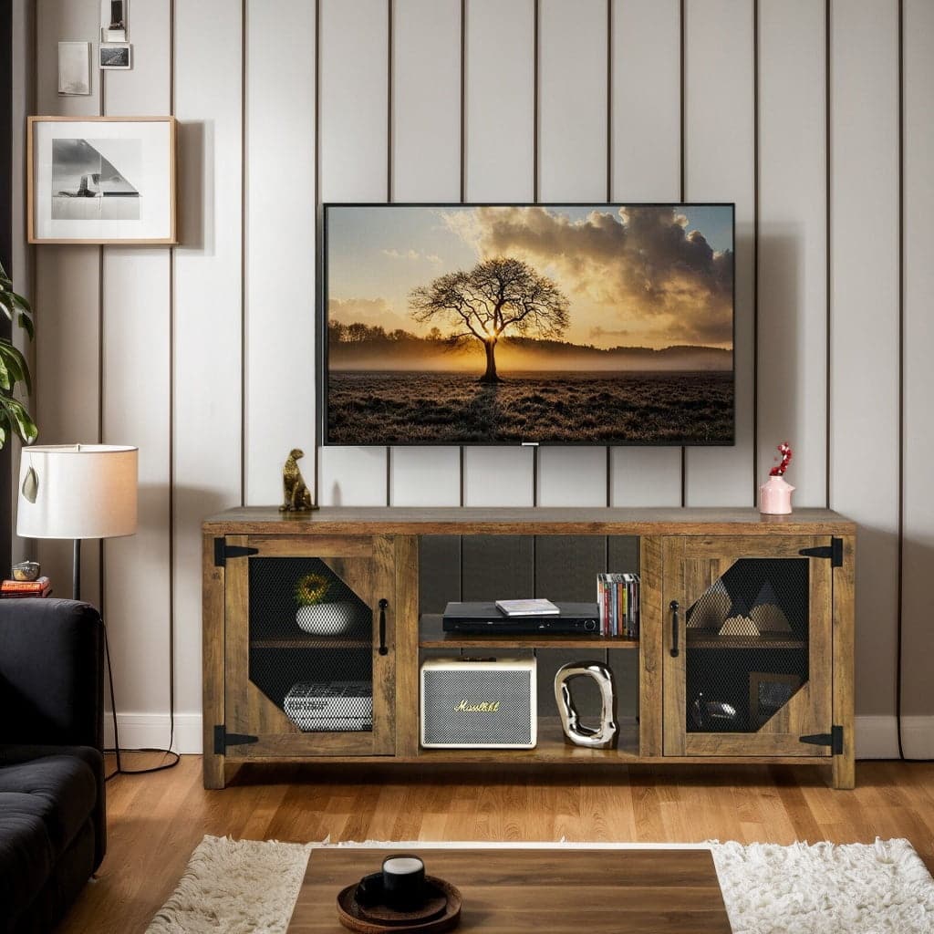 Kadyn - Entertainment Centers,TV Stands,TV Stand for TVs up to 65-Inch with 2 Metal Mesh Doors and Ad-Rustic - Brown