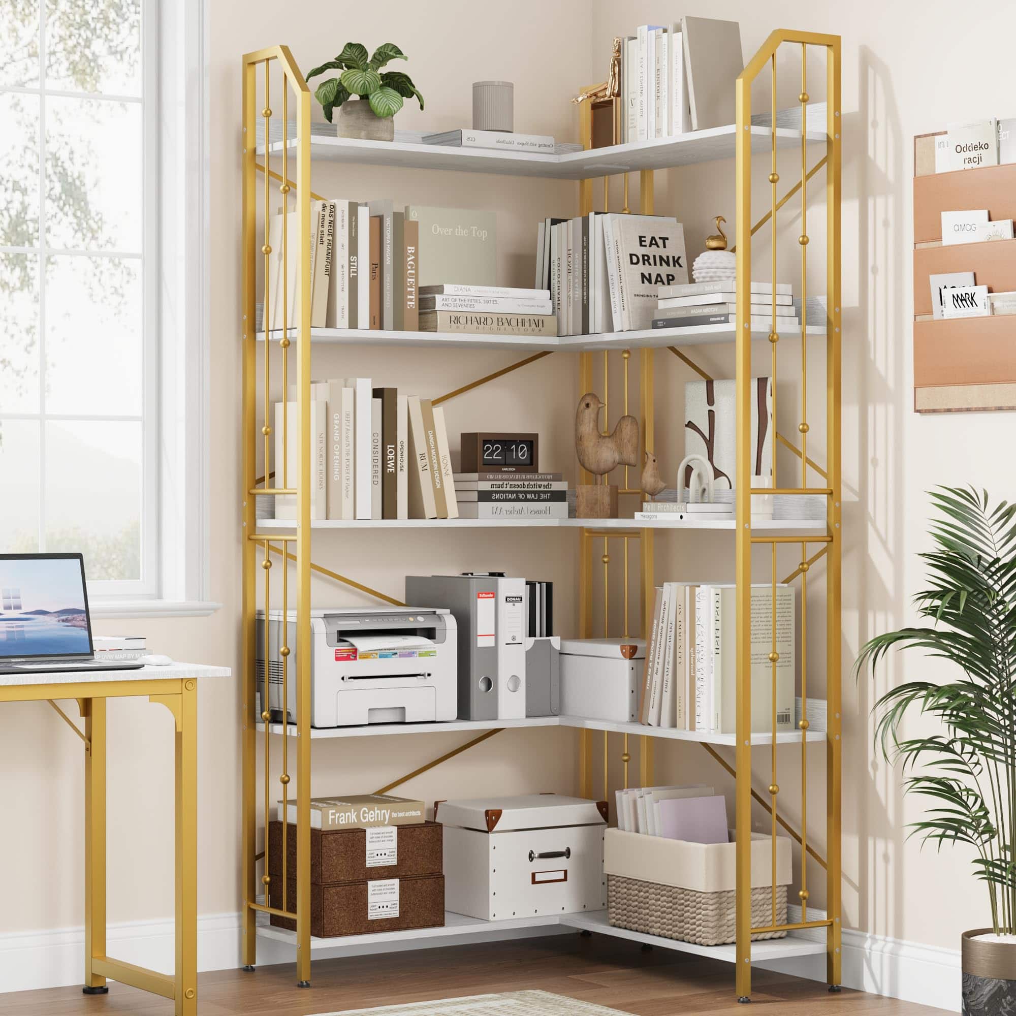 Acekool - Corner Bookshelf 72" L Shaped Bookcase, Corner Bookshelves Industrial Bookcase 5 Tier L-Shape Bookshelf - White