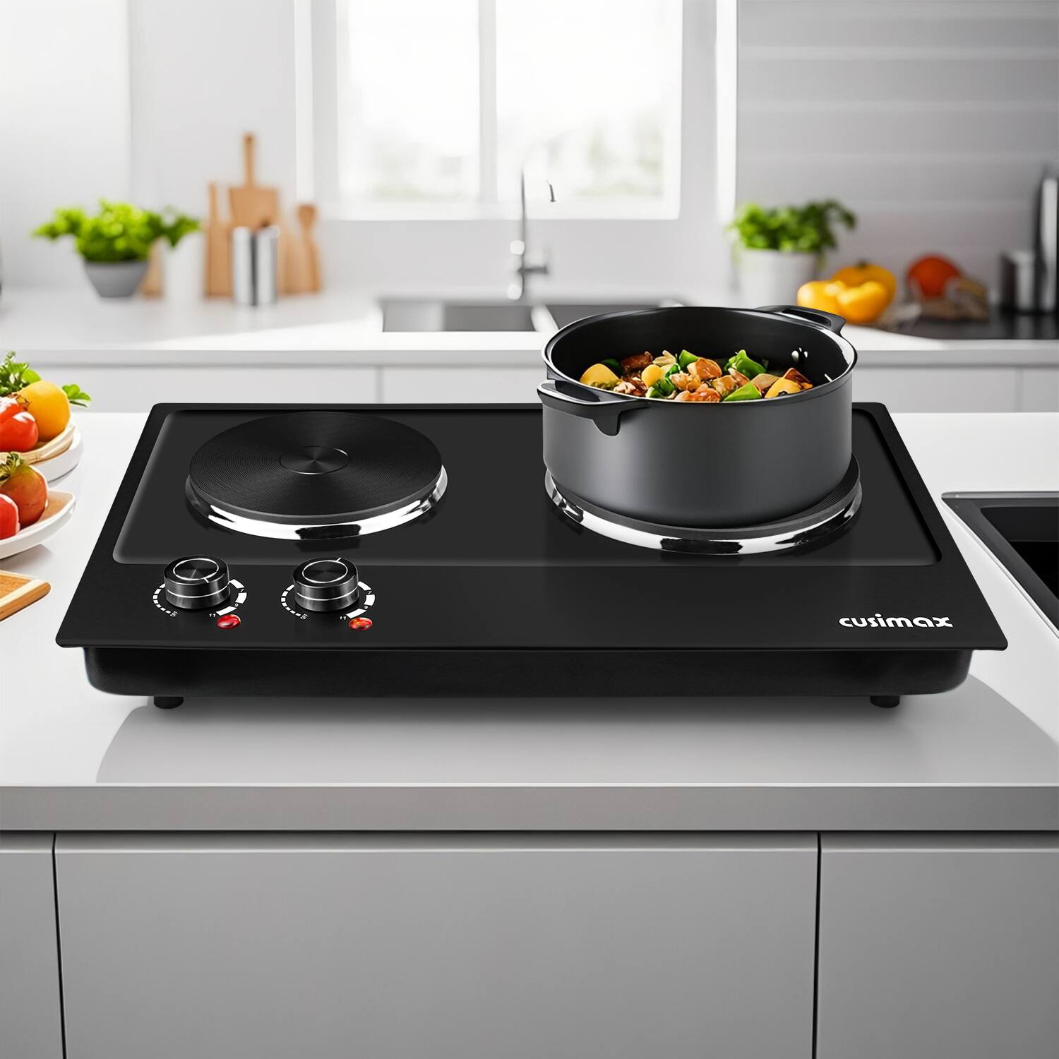 Left. Cusimax - 1800W Countertop Cast Iron 7.4 6.1 In. 2 Burner With Temper Controls Portable Home Use Easy Clean Cooktops - Black.