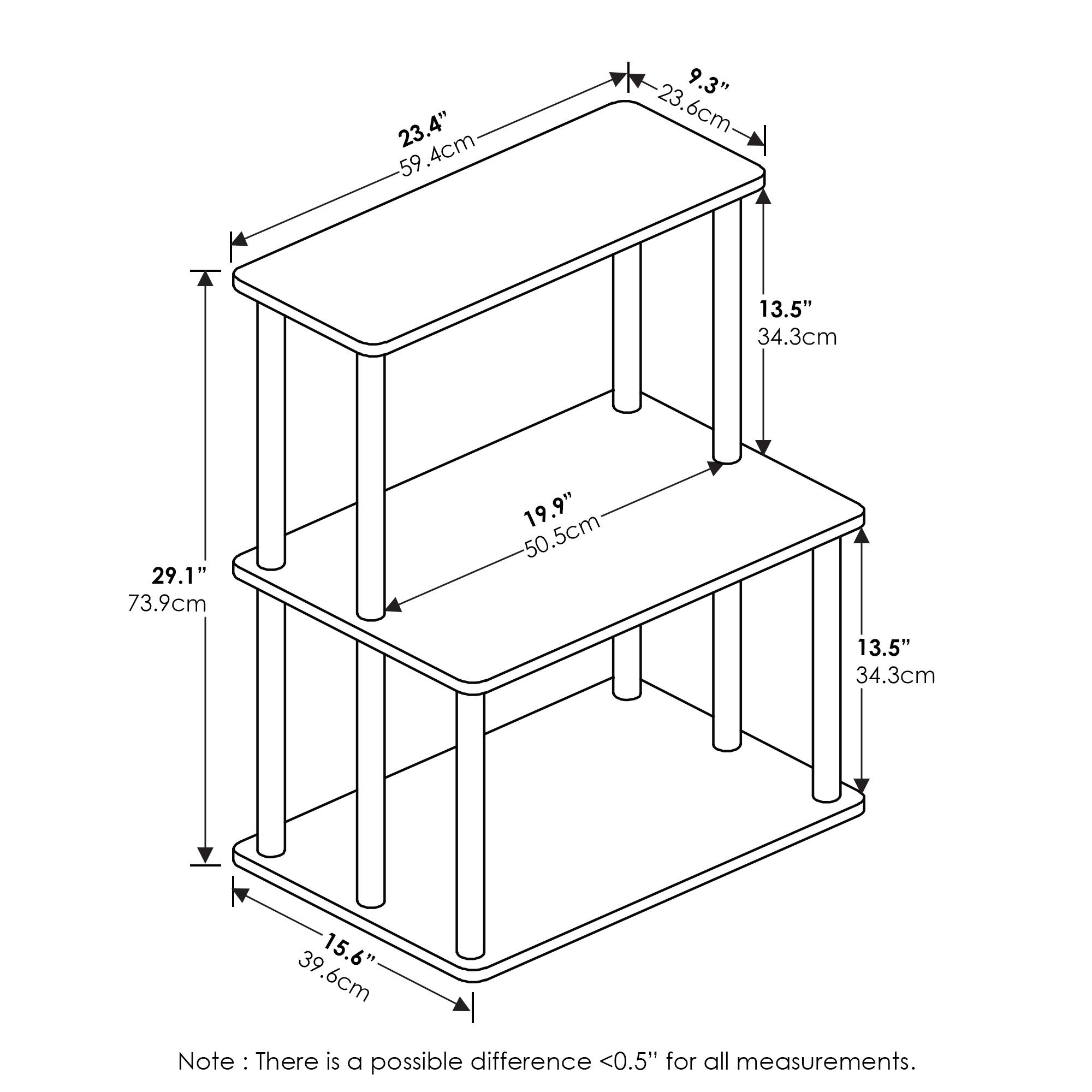 23.4" 59.4cm  
9.3" 23.6cm  
13.5" 34.3cm  
29.1" 73.9cm  
19.9" 50.5cm  
13.5" 34.3cm  
15.6" 39.6cm  

Note: There is a possible difference <0.5" for all measurements.
