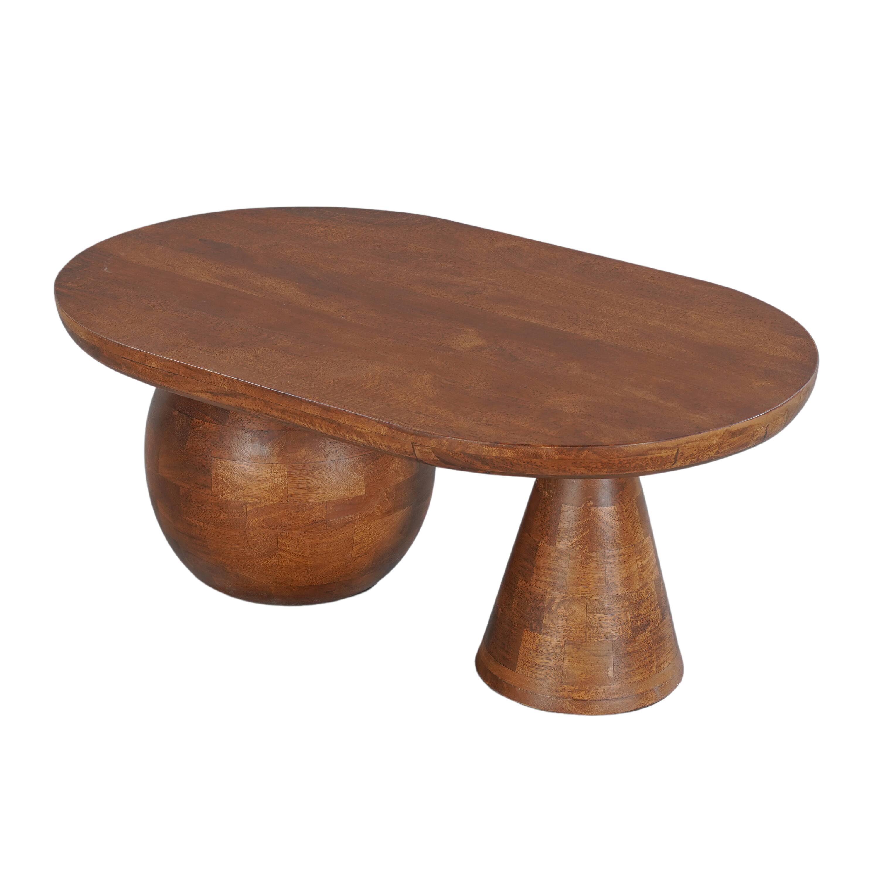 Alt View 1. Manhattan Lane - Leeds Coffee Table | 38" Handmade Mango Wood Oval Top | Round Ball and Cone Base - Brown.
