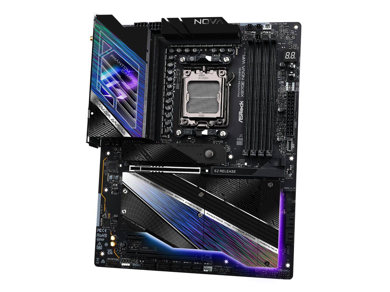 NOVA PHANTOM GAMING  
AM5  
AM5  
AMD RYZEN  
AM5  
BLAZING S.M  
CE WIFI  
GAMING  
VAON  
PHANTOM X870E  
ASRock B5  
8.8.  
U  
EZ RELEASE  
CMN  
AE  
AAMA  
MI.M  
S  
CRAAA  
TVMR  
DERH  
PHANTOM  
MALANIOA  
CAMING  
FCCE  
AN  
RoHS  
Ar  
UK  
CARALRALA  
CA