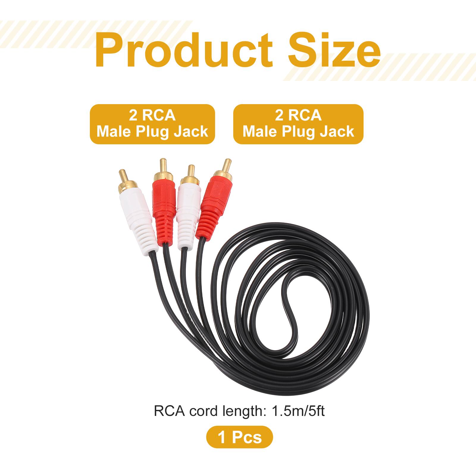 Product Size  
2 RCA Male Plug Jack  
2 RCA Male Plug Jack  
RCA cord length: 1.5m/5ft  
1 Pcs