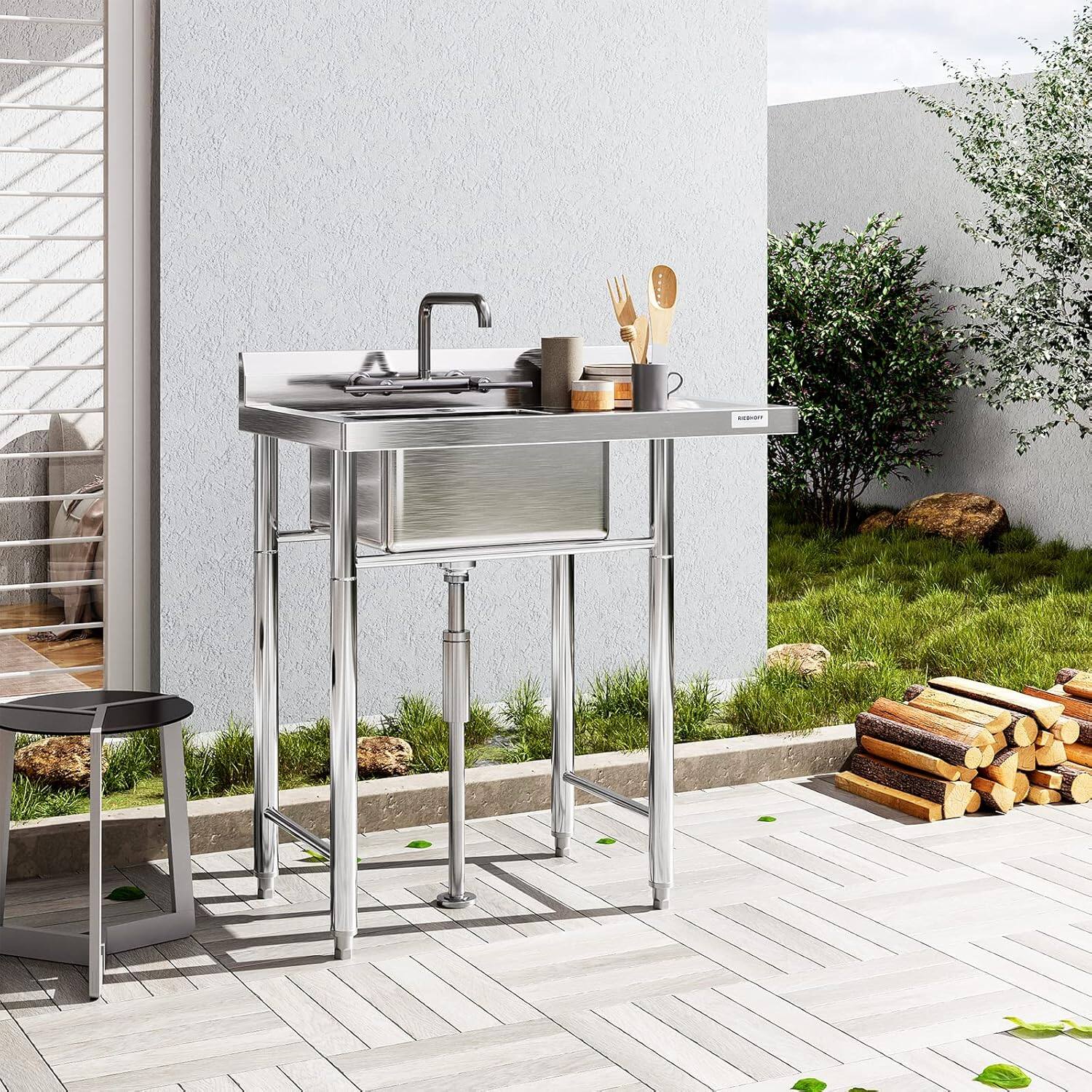 Front. Acekool - 36 Inch Utility Sink, 304 Stainless Steel Free Standing Single Bowl with Reinforced Frame & Adjustable Feet - Silver.