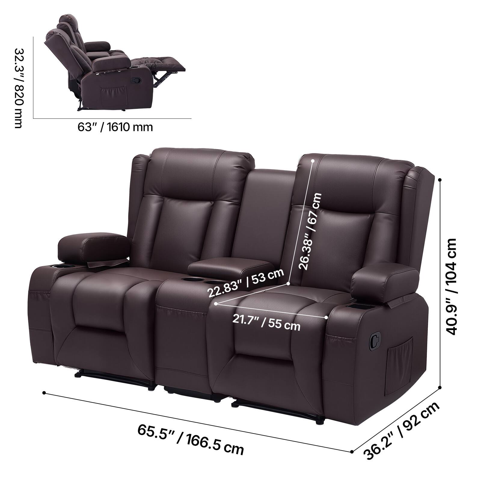 32.3" / 820 mm  
63" / 1610 mm  
26.38" / 67 cm  
22.83" / 53 cm  
21.7" / 55 cm  
36.2" / 92 cm  
40.9" / 104 cm  
65.5" / 166.5 cm