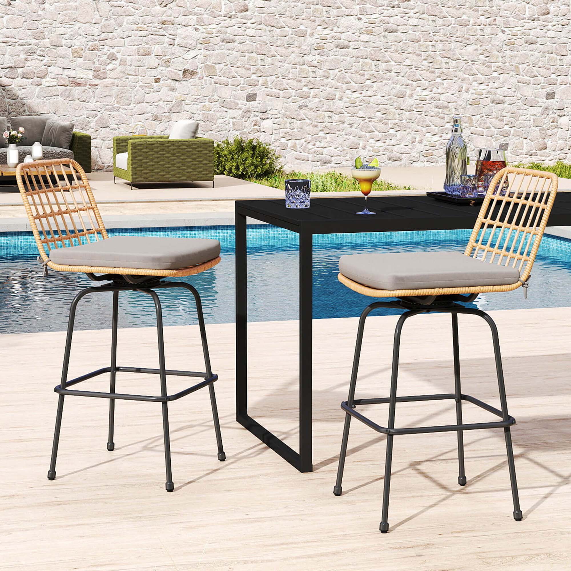 Angle. Costway - Patio 360° Swivel Bar Stools Set of 2 with Backrests & Footrests Soft Seat Cushions - Light Brown + Gray.