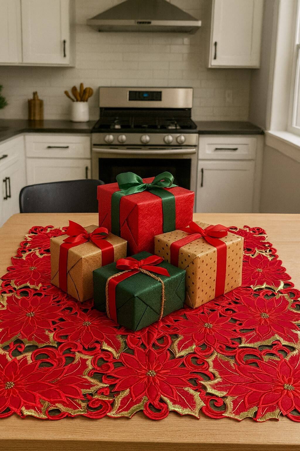 Left. Jiallo - Poinsettia and Green Leaf Embroidered Cutwork Square tablecloth, 36 inch Square Table Linen - Red.