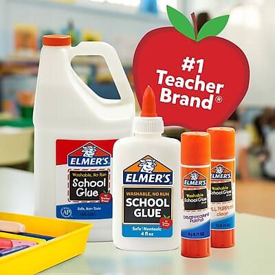 #1 Teacher Brand  
ELMER'S Washable No Run School Glue  
ELMER'S Washable, No Run School Glue  
ELMER'S Washable Glue  
ELMER'S Washable Glue  
All Purpose  
Safe for Nontoxic  
4 fl oz