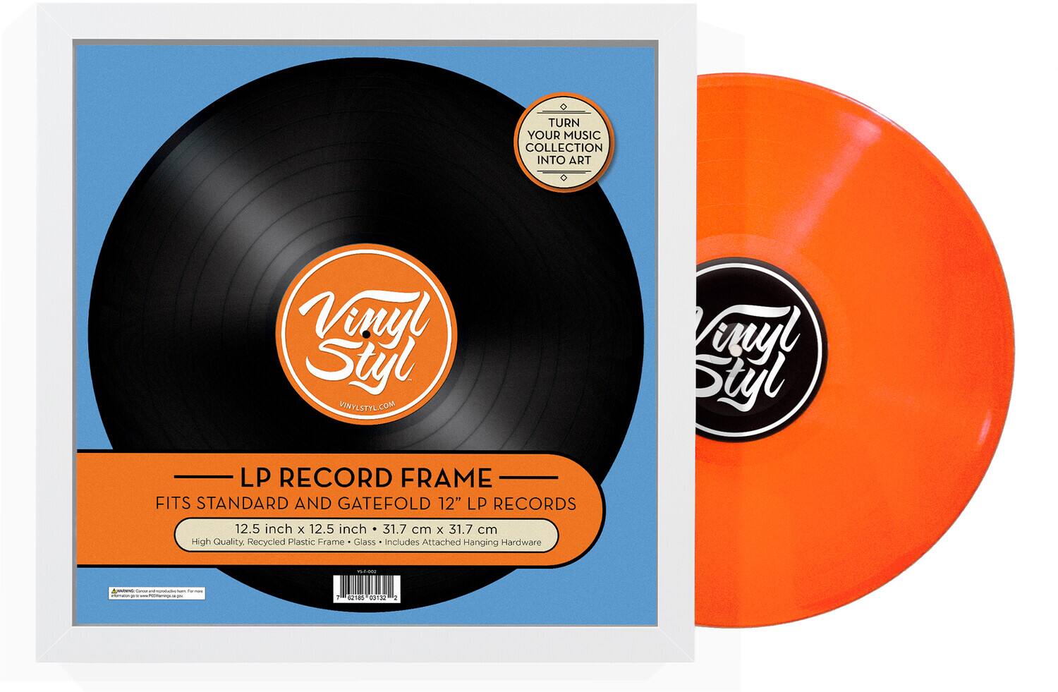TURN YOUR MUSIC COLLECTION INTO ART  
Vinyl Styl  
VINYLSTYL.COM  

LP RECORD FRAME  
FITS STANDARD AND GATEFOLD 12" LP RECORDS  
12.5 inch x 12.5 inch / 31.7 cm x 31.7 cm  
High Quality. Recycled Plastic Frame. Glass. Includes Attached Hanging Hardware  

TURN YOUR MUSIC COLLECTION INTO ART  

Vinyl Styl  
VINYLSTYL.COM  

LP RECORD FRAME  
FITS STANDARD AND GATEFOLD 12" LP RECORDS  
12.5 inch x 12.5 inch / 31.7 cm x 31.7 cm  
High Quality. Recycled Plastic Frame. Glass. Includes Attached Hanging Hardware  

716 03132  
Y-002  
185 03132  

©Vinyl Styl. All rights reserved. For more information visit www.VinylStyl.com