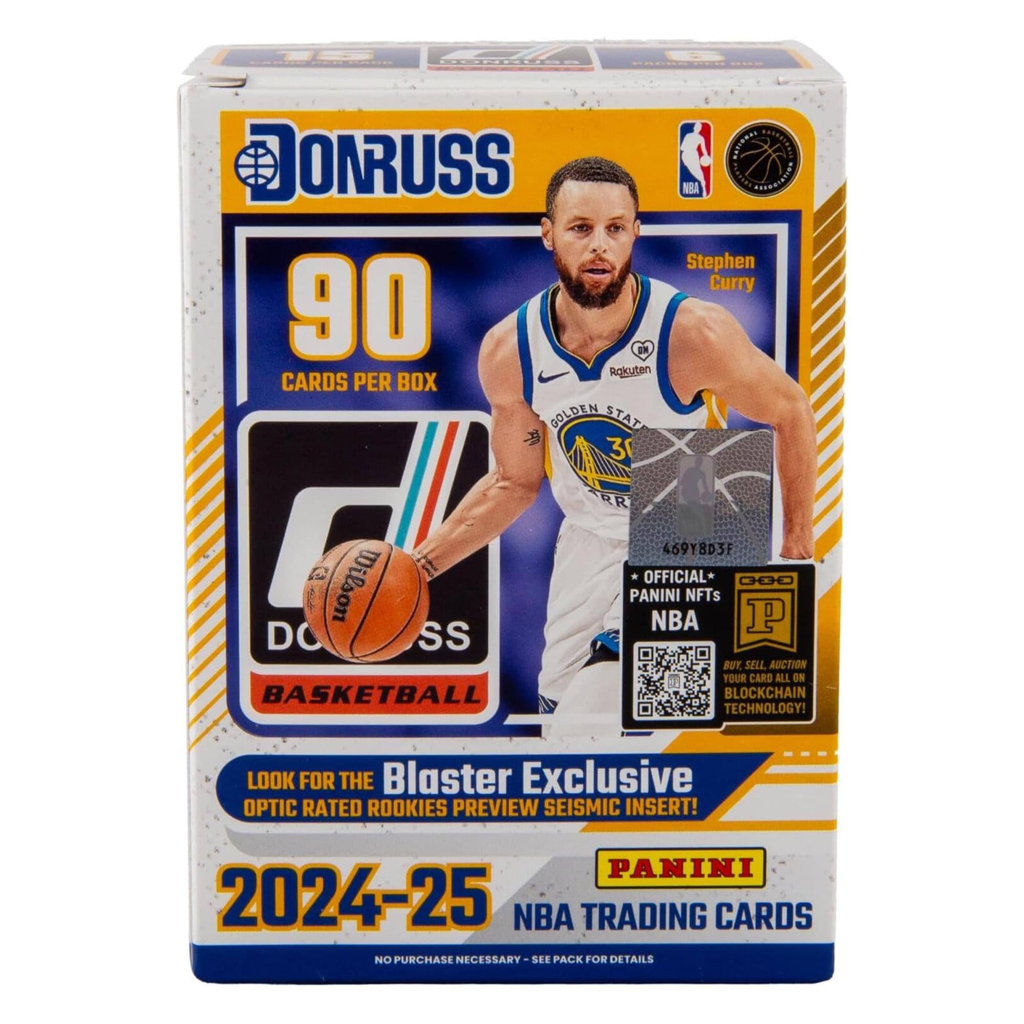 Sure, here is the corrected and grouped text from the image:

---

**DONRUSS**

**90 CARDS PER BOX**

**Stephen Curry**

**GOLDEN STATE WARRIORS**

**Rakuten**

**OFFICIAL PANINI NBA NFTs**

**BUY, SELL, AUCTION YOUR CARD ALL ON BASKETBALL BLOCKCHAIN TECHNOLOGY!**

**LOOK FOR THE Blaster Exclusive OPTIC RATED ROOKIES PREVIEW SEISMIC INSERT!**

**2024-25 NBA TRADING CARDS**

**NO PURCHASE NECESSARY - SEE PACK FOR DETAILS**

**Exclusive NEW SEISMIC INSERT!**

**PANINI**

**BASKETBALL**

**469Y8D3F**

---

This text is organized to reflect the layout and information presented on the box.