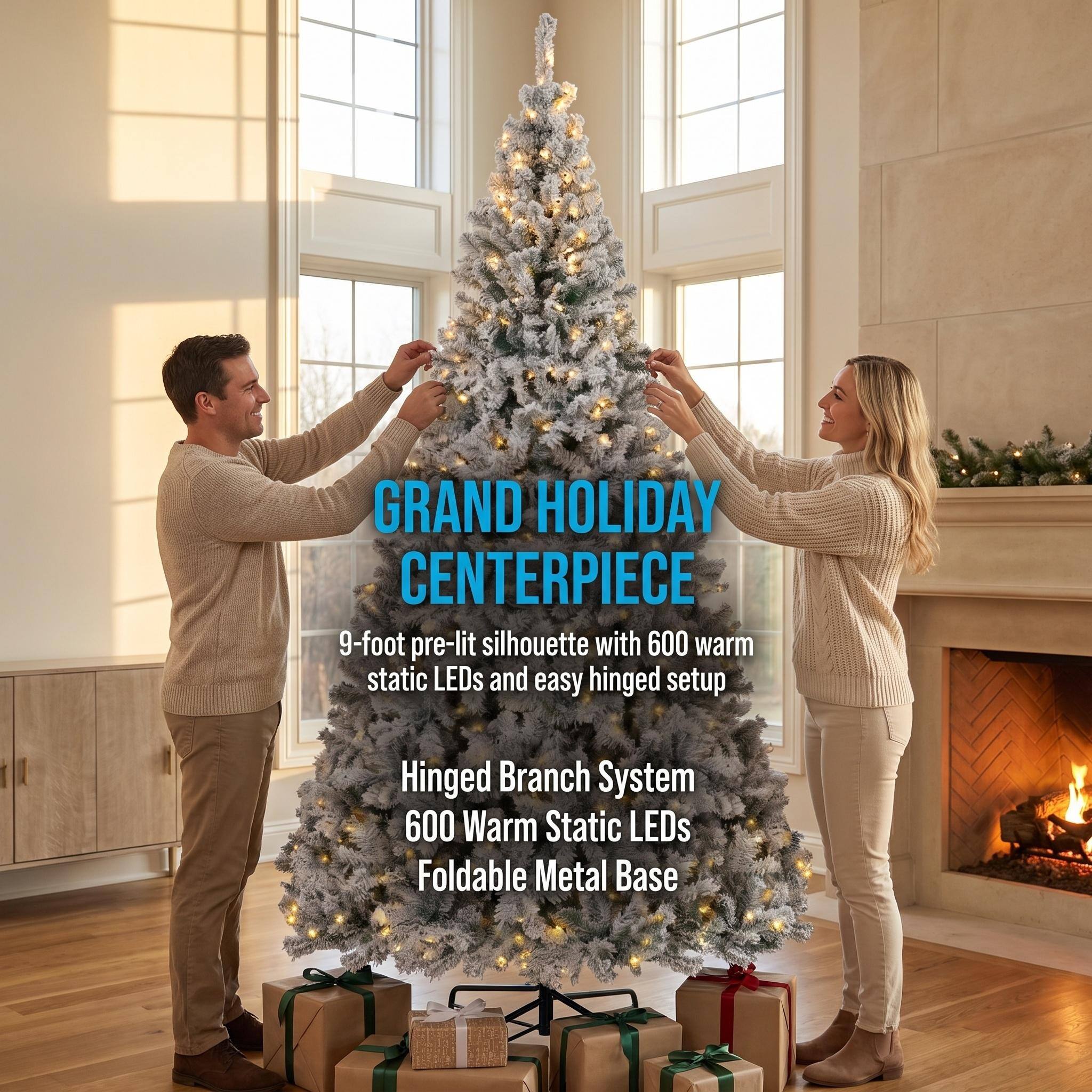 GRAND HOLIDAY CENTERPIECE  
9-foot pre-lit silhouette with 600 warm static LEDs and easy hinged setup

Hinged Branch System  
600 Warm Static LEDs  
Foldable Metal Base