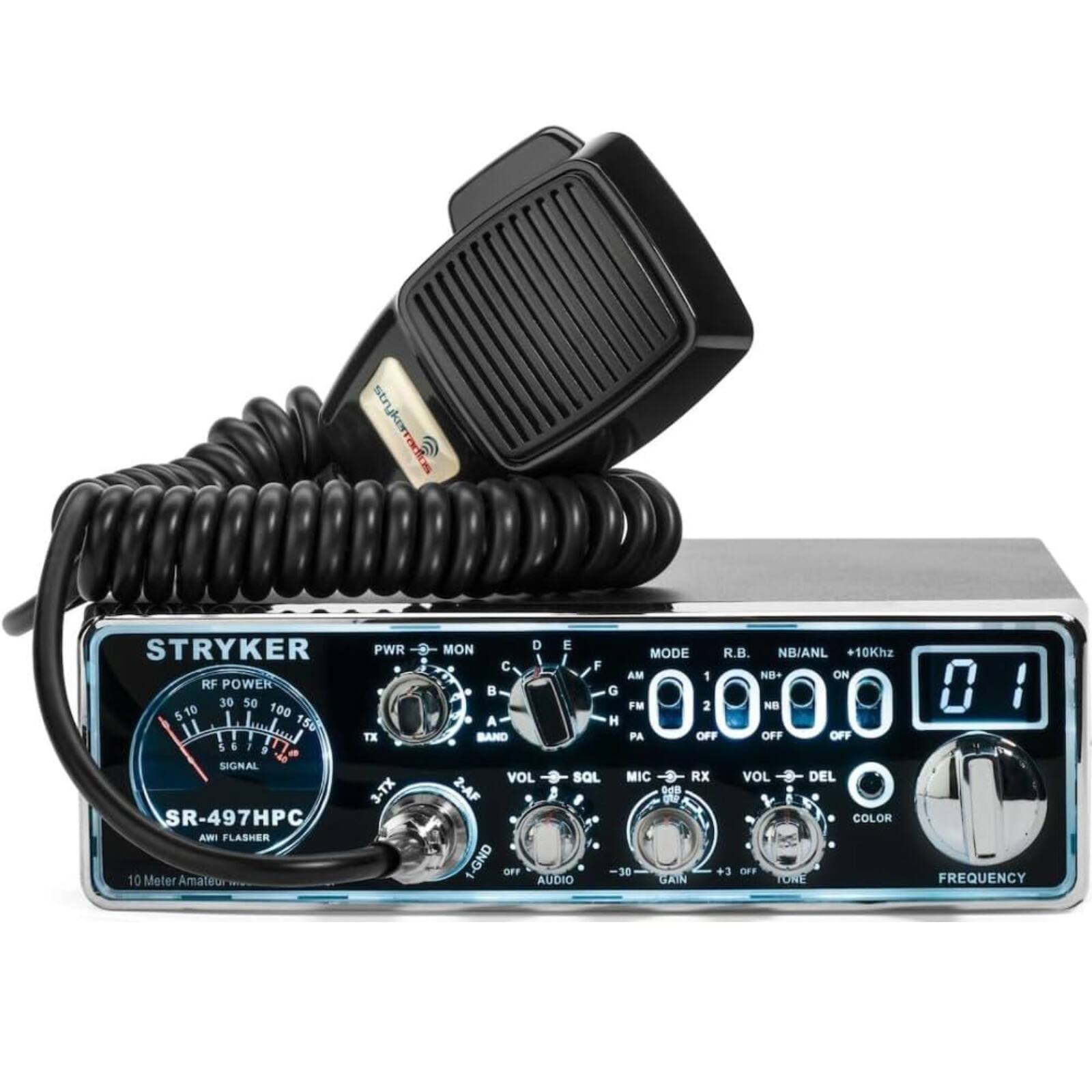 STRYKER PWR RF POWER 30 50 5 10 100 11 150 TX 5 I I 9 -40 SIGNAL 3-TX SR-497HPC AMI FLASHER 10 Meter Amateur MON D E MODE R.B. NB/ANL 10Khz F AM 1 NB+ ON G 4 FM 2 NB A H BAND PA OFF OFF OFF VOL SOL MIC RX VOL DEL 2-AF tdP COLOR 1-GND OFF AUDIO 30 GAIN +3 OFF ONE FREQUENCY