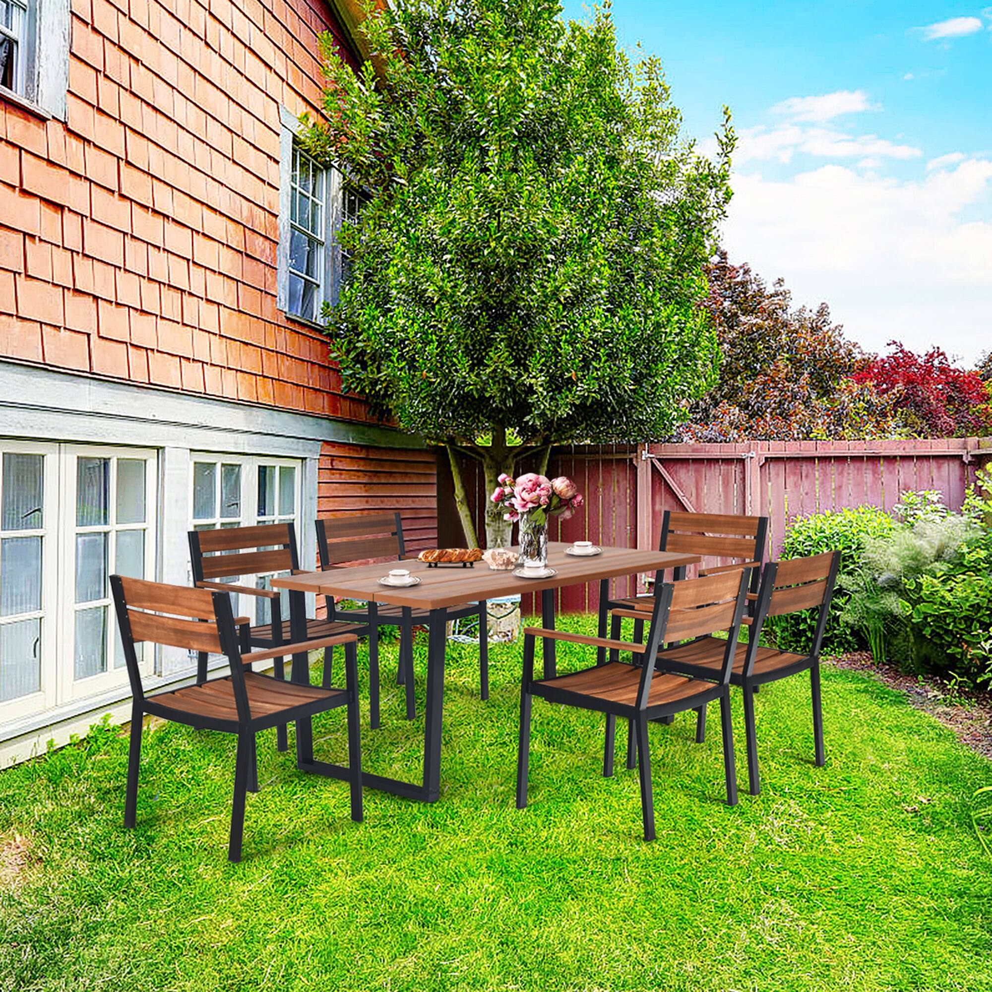 Alt View 2. Gymax - Gymax Patented 7PCS Patio Dining Set Outdoor Furniture Set w/ 6 Armchairs Umbrella Hole - as pic.