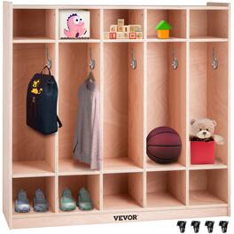 VEVOR - Coat Locker, 5-Section Daycare Cubby Coat Rack 48x12x48 inch, Classroom Coat Locker and Backpack Hanger, with 5 Hooks - Burlywood