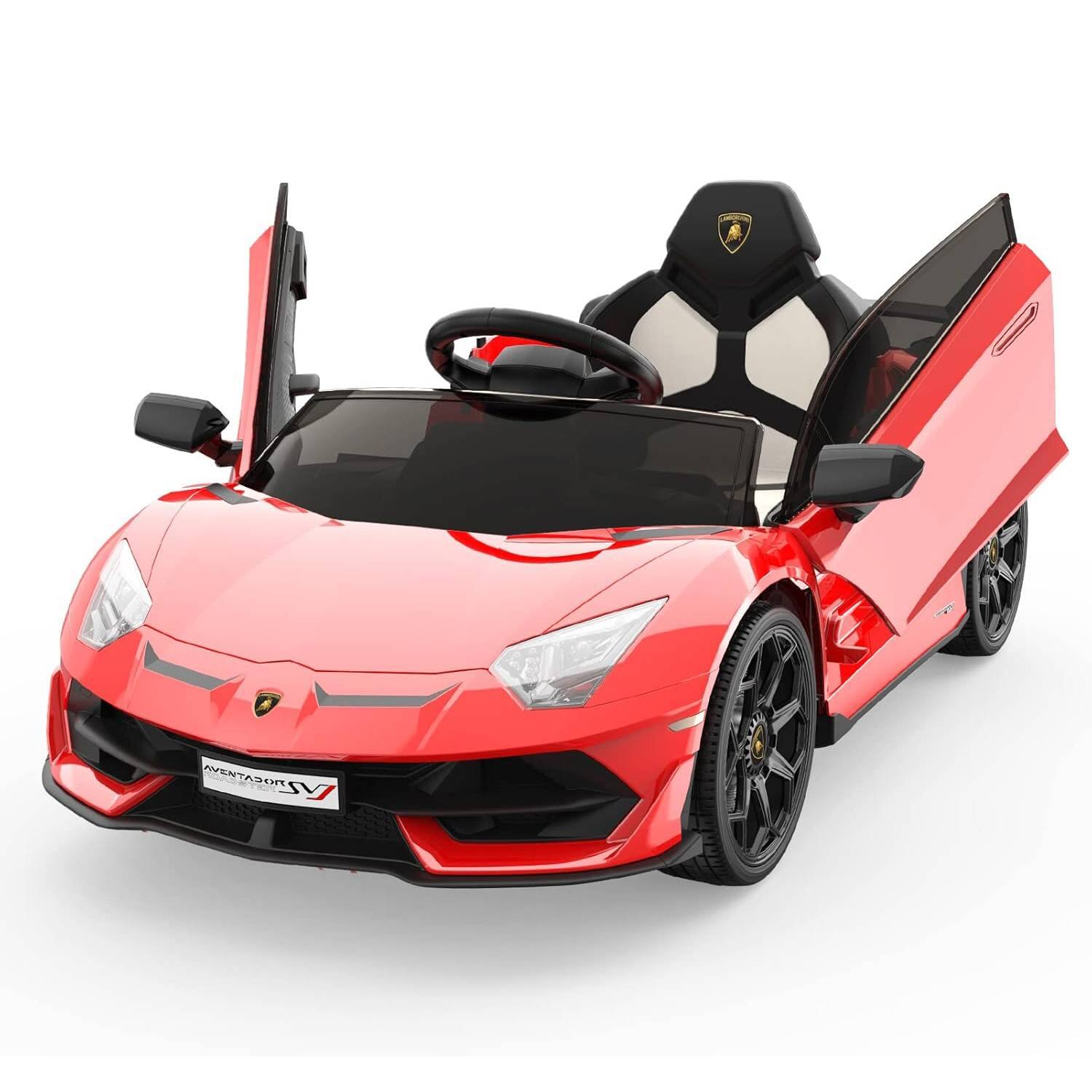Angle. Qeetex - 12V Licensed Lamborghini Kids Ride-On Car w/ Remote, Hydraulic Doors, LED Lights & Sound - Red.