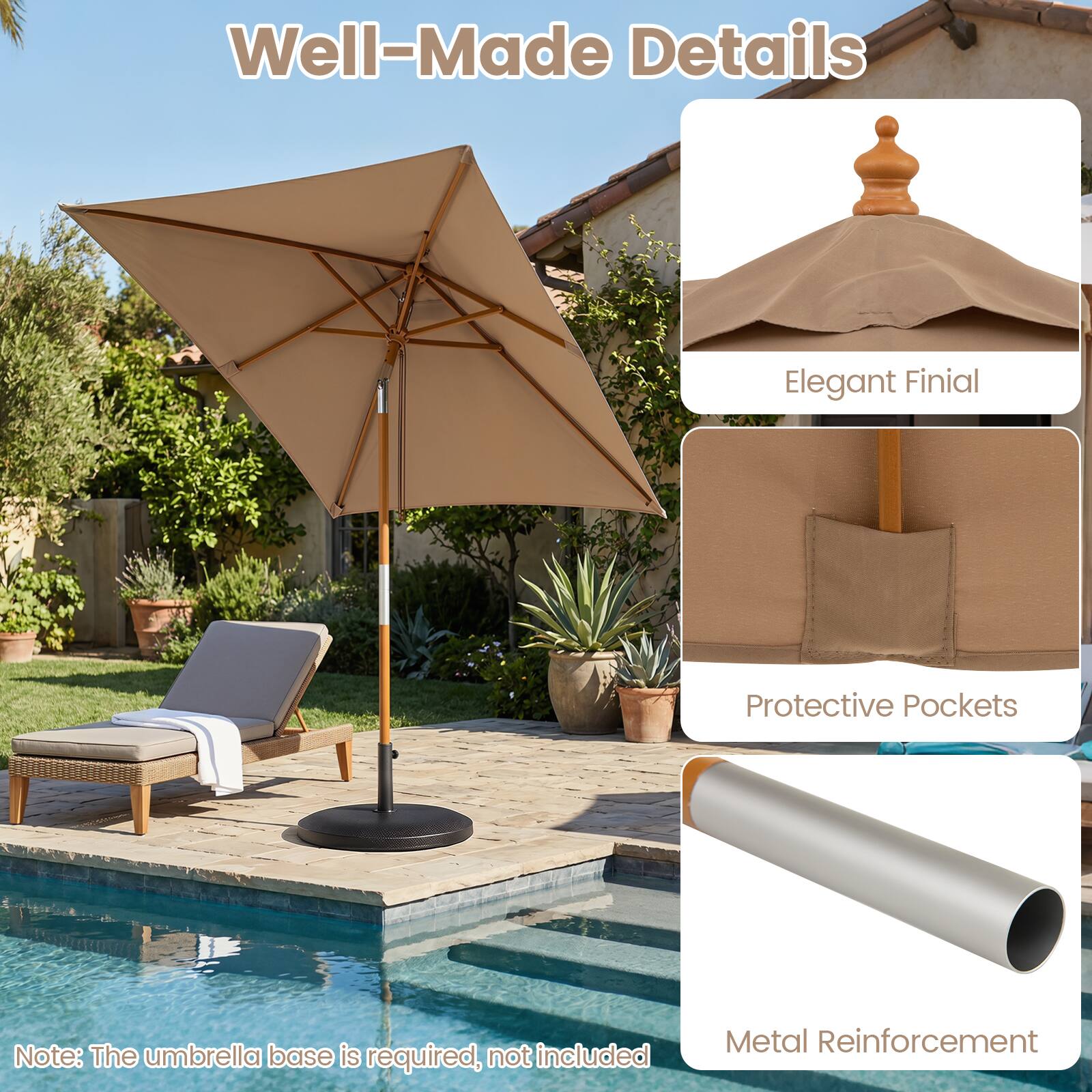 Well-Made Details

Elegant Finial

Protective Pockets

Metal Reinforcement

Note: The umbrella base is required, not included