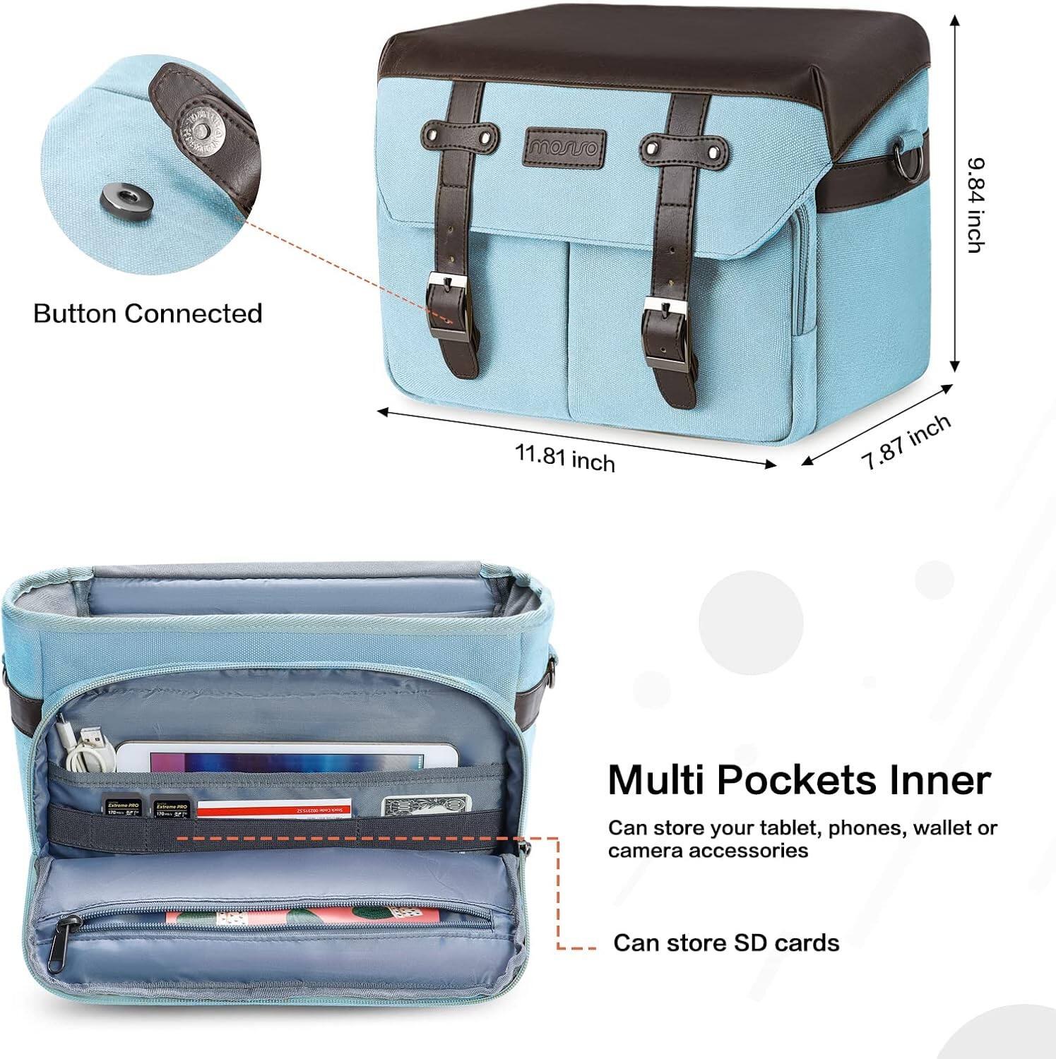 mon 9.84 inch Button Connected 11.81 inch 7.87 inch Multi Pockets Inner Can store your tablet, phones, wallet or camera accessories A Can store SD cards