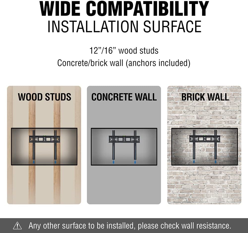 WIDE COMPATIBILITY INSTALLATION SURFACE

12"/16" wood studs  
Concrete/brick wall (anchors included)

WOOD STUDS  
CONCRETE WALL  
BRICK WALL

Any other surface to be installed, please check wall resistance.