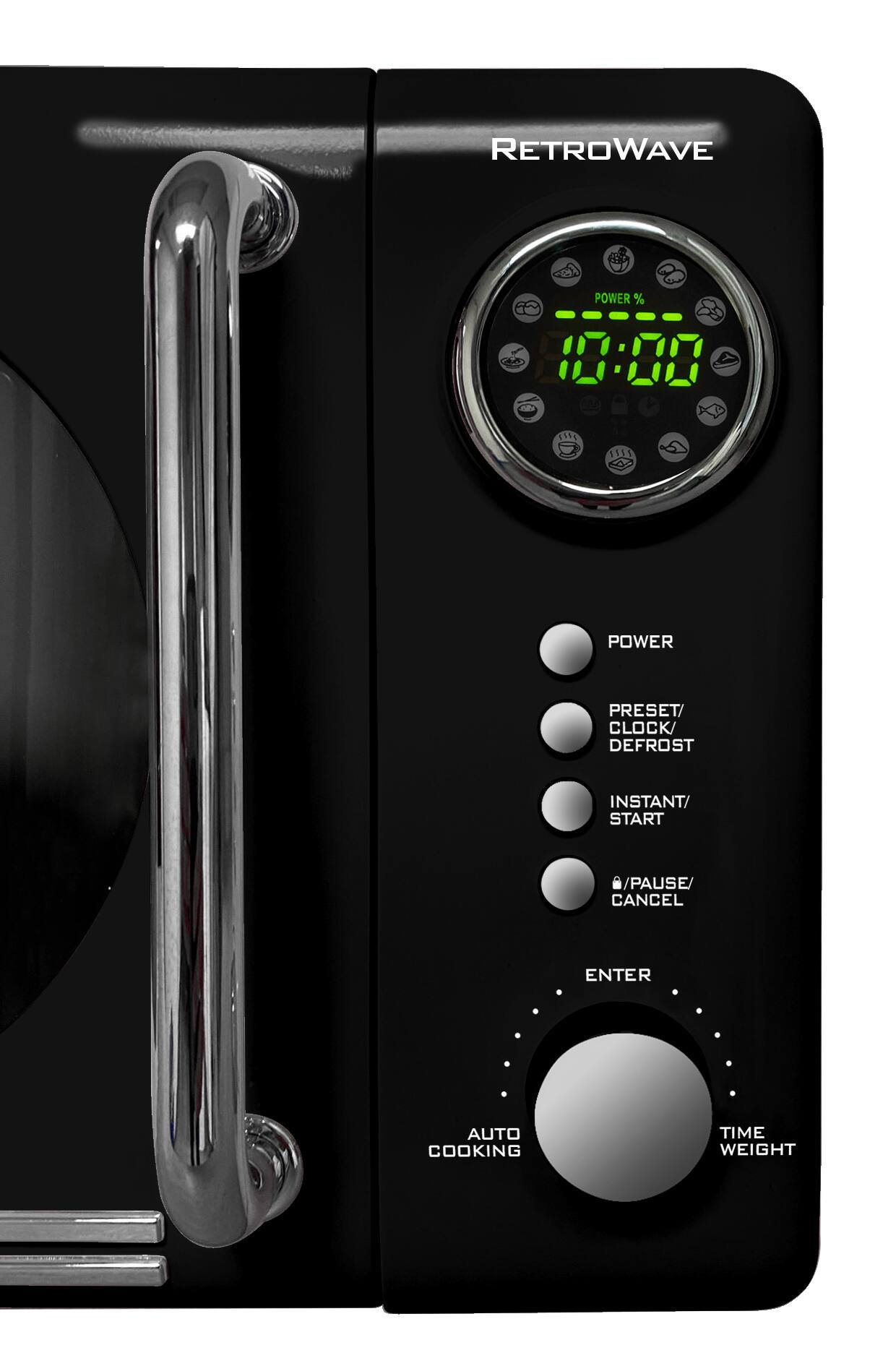 RETROWAVE

POWER % 10:00

POWER PRESET/CLOCK/DEFROST INSTANT/START /PAUSE/CANCEL ENTER AUTO COOKING TIME WEIGHT