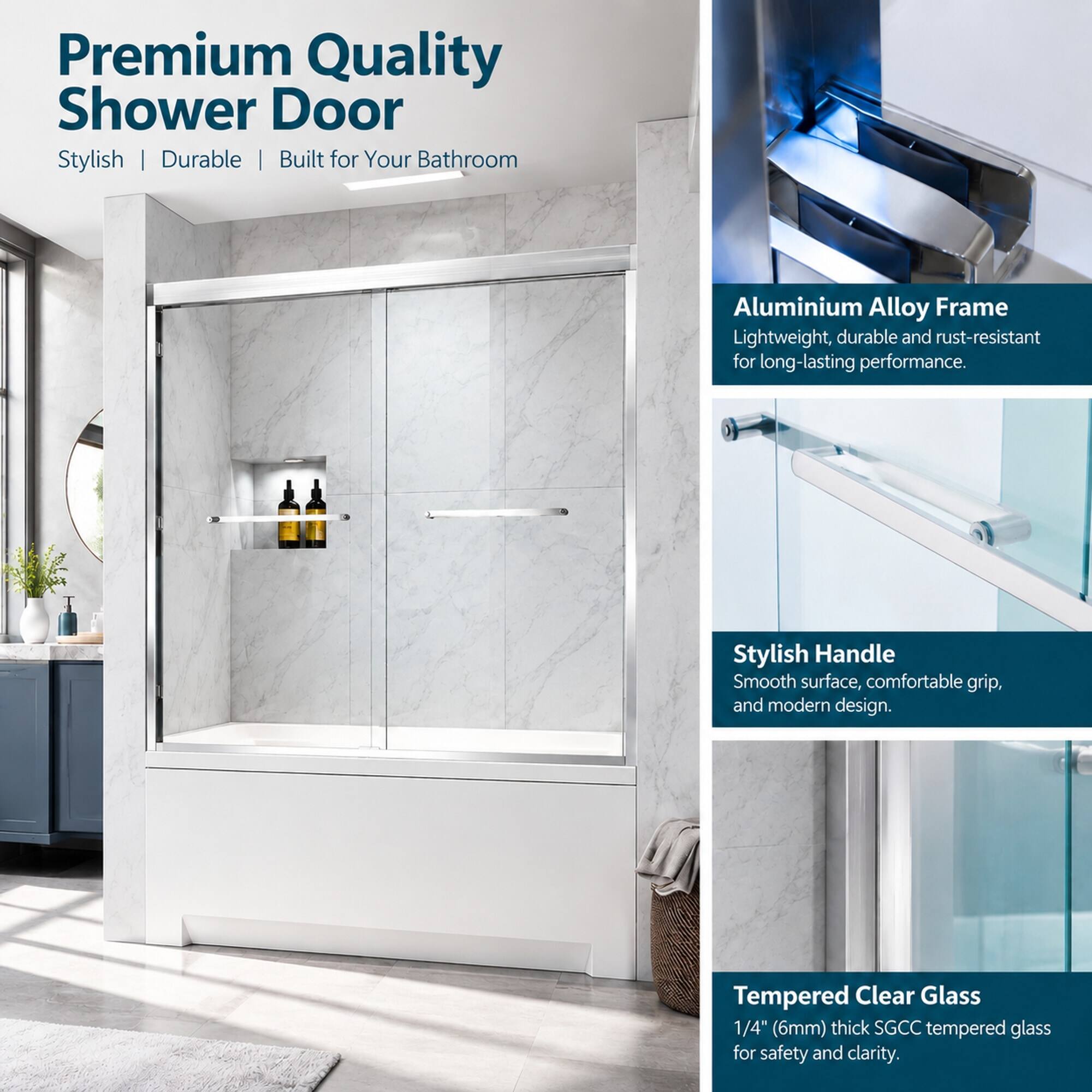 Premium Quality Shower Door Stylish | Durable | Built for Your Bathroom

Aluminium Alloy Frame Lightweight, durable and rust-resistant for long-lasting performance.

Stylish Handle Smooth surface, comfortable grip, and modern design.

Tempered Clear Glass 1/4" (6mm) thick SGCC tempered glass for safety and clarity.