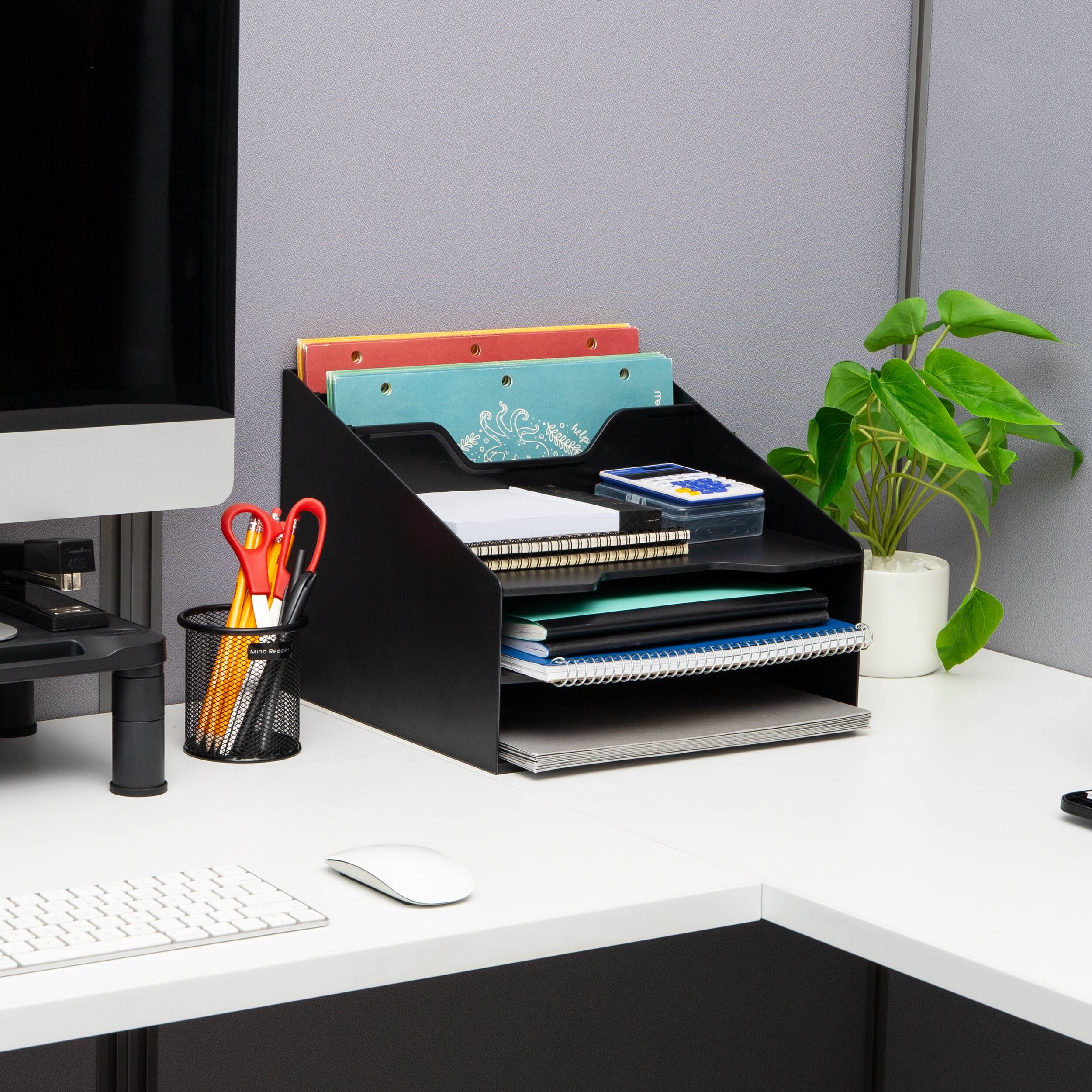Alt View 1. Mind Reader - 3-Tier Desktop Organizer with 5 Compartments, Plastic File Holder for Office, Kitchen, or Home - Black.