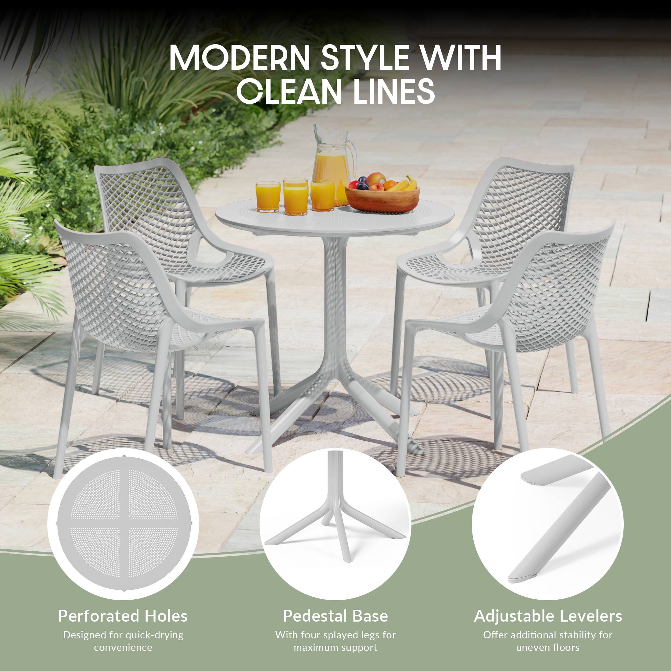 MODERN STYLE WITH CLEAN LINES

- Perforated Holes: Designed for quick-drying convenience
- Pedestal Base: With four splayed legs for maximum support
- Adjustable Levelers: Offer additional stability for uneven floors