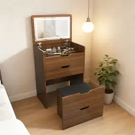 Loheer - 3-in-1 Vanity Desk with Lighted Mirror, Flip-Top Storage Cabinet and Stool - Walnut