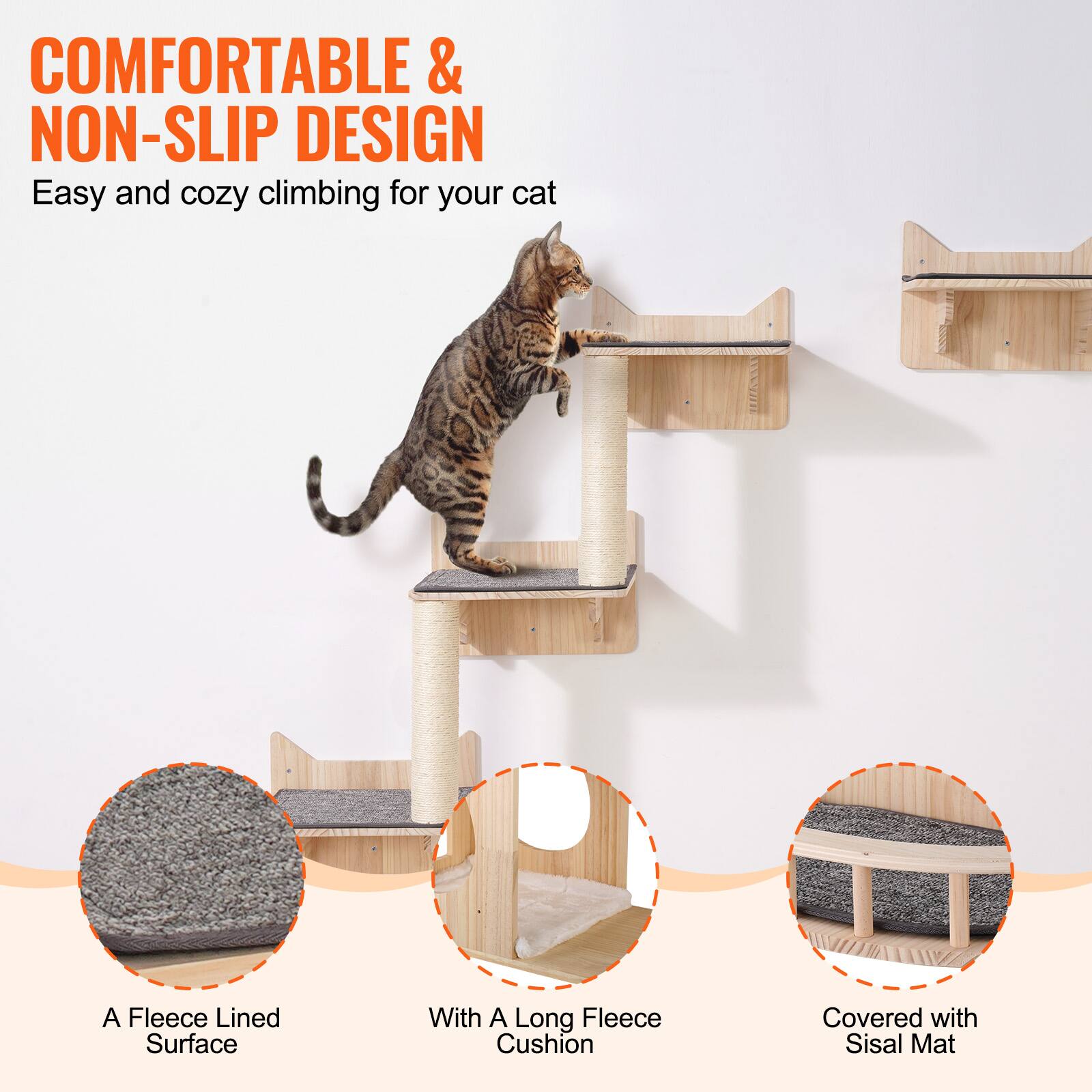 COMFORTABLE & NON-SLIP DESIGN  
Easy and cozy climbing for your cat  

A Fleece Lined Surface  
With A Long Fleece Cushion  
Covered with Sisal Mat