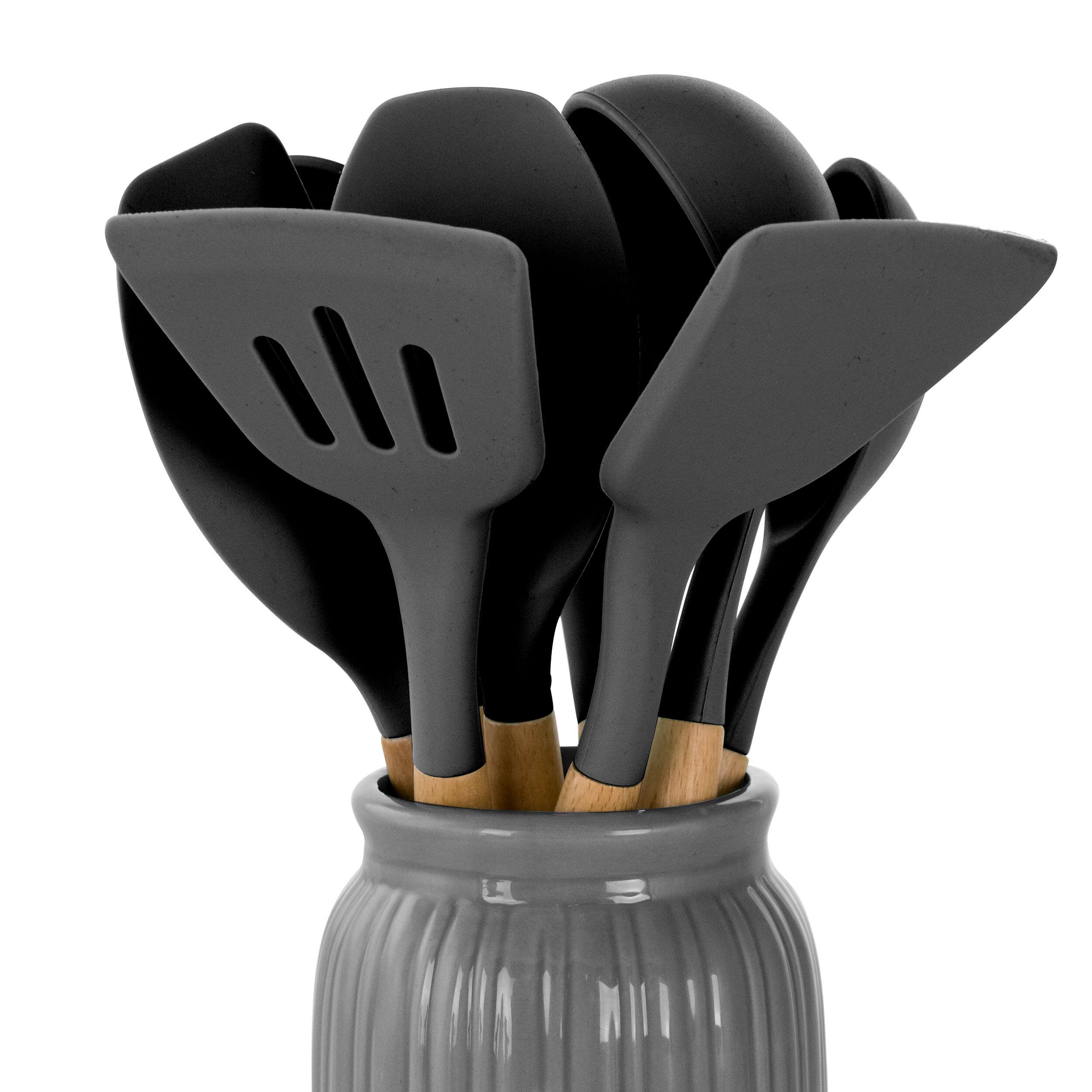 Alt View 1. MegaChef - MegaChef Gray Silicone and Wood Cooking Utensils, Set of 9 - Gray.