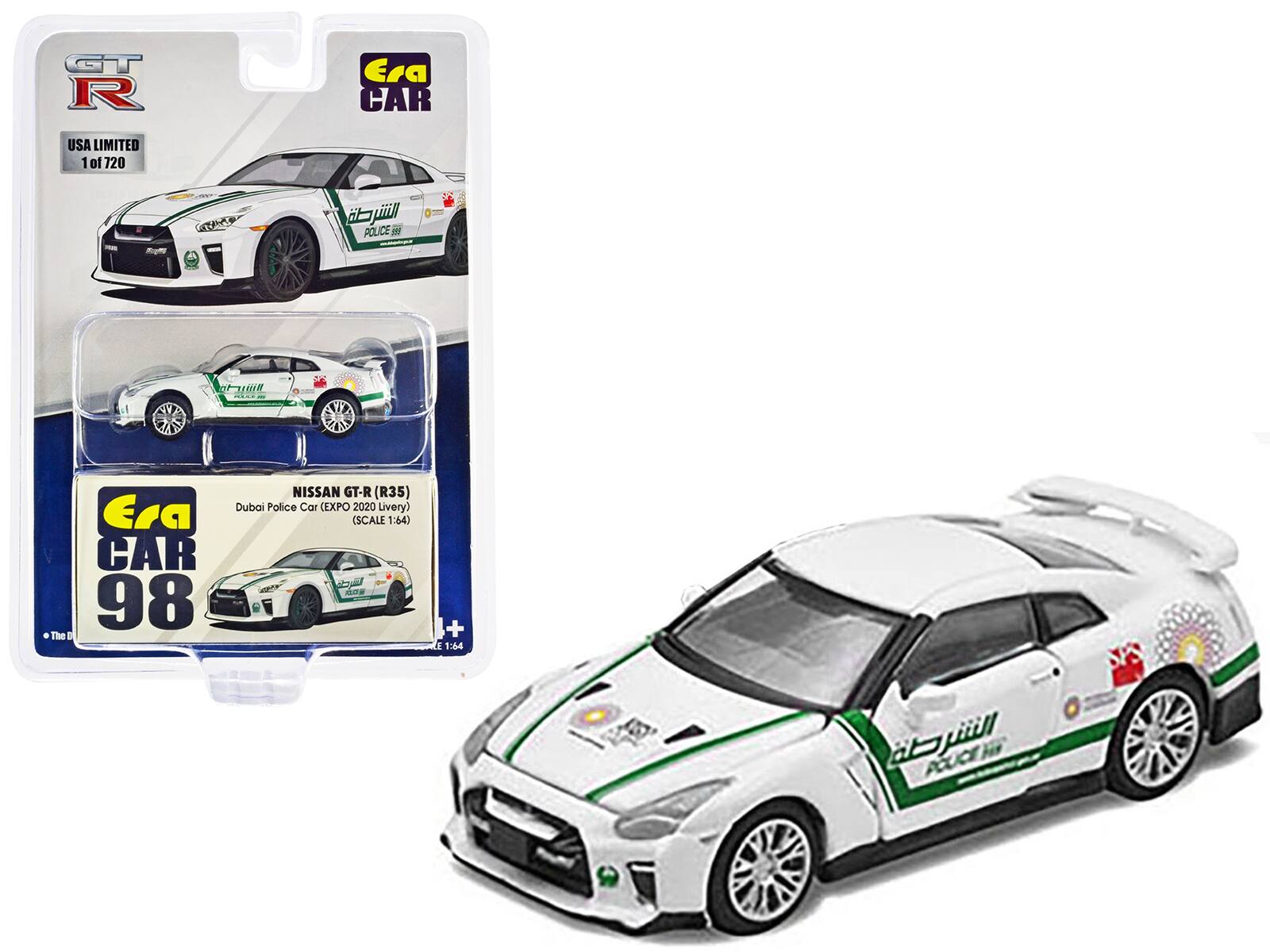 GT-R  
USA LIMITED  
1 of 720  

Era CAR 98  
NISSAN GT-R (R35)  
Dubai Police Car (EXPO 2020 Livery)  
(SCALE 1:64)  

POLICE  
الشرطة  
POLICE