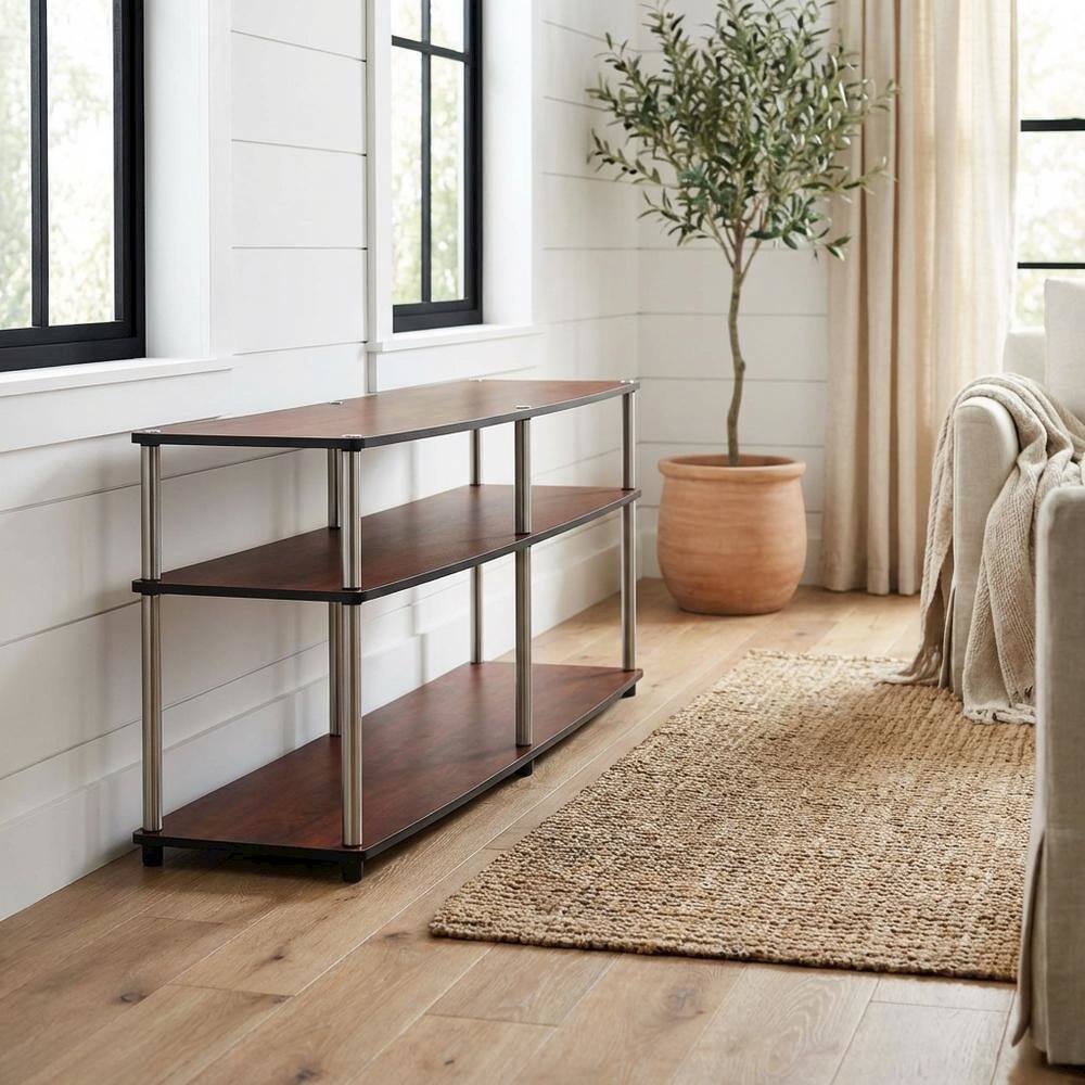 Alt View 1. FurniFact - Cherry 3-tier TV stand, sturdy particle board construction, stainless steel - Brown.