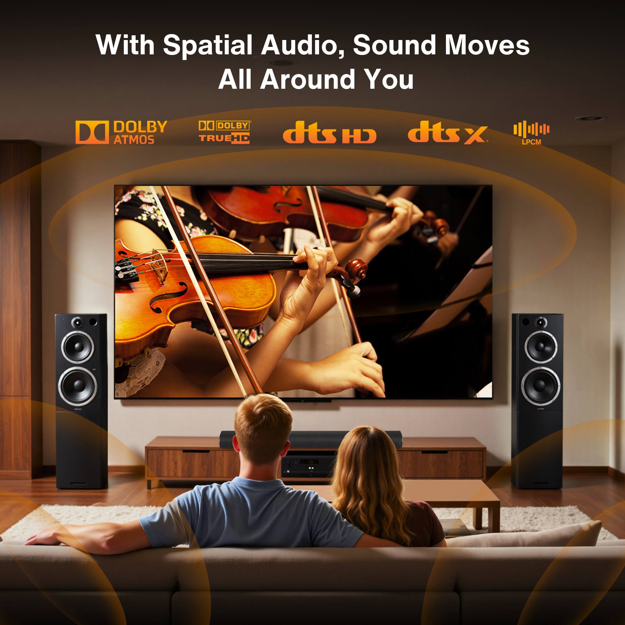 With Spatial Audio, Sound Moves All Around You

DOLBY ATMOS  
DOLBY TRUEHD  
dts HD  
dts:X  
LPCM
