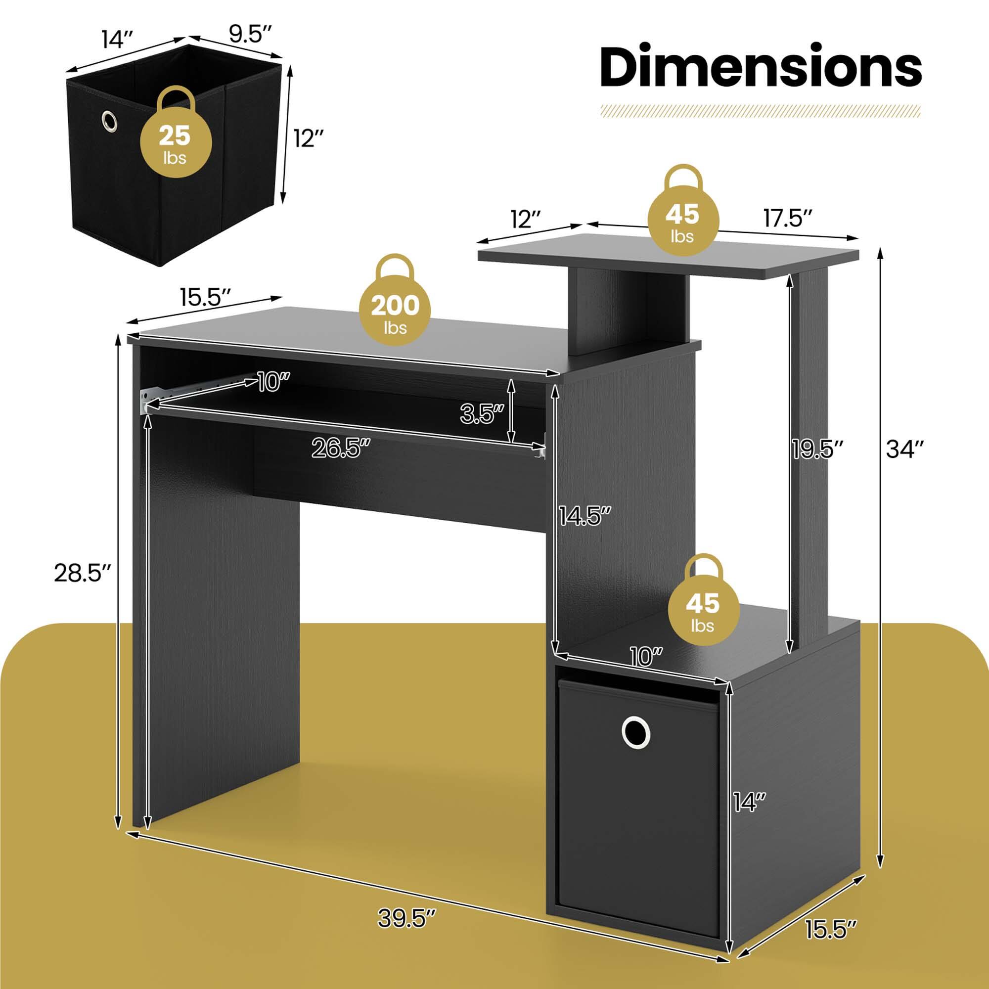 The image shows a table with a black box on top of it. The table is accompanied by a black box with a handle, and a black suitcase. The table is described as having a 14" x 39.5" surface, and the black box on top of it is 12" x 12". The black suitcase is 34" x 19.5" and weighs 200 lbs. The black box with a handle is 10" x 26.5" and weighs 45 lbs.