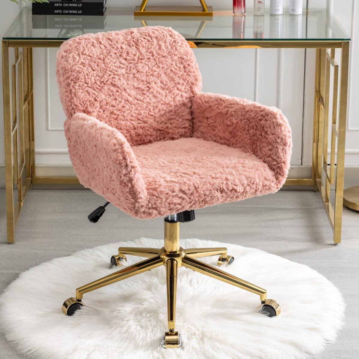 Ecooso - Artificial rabbit hair Home Office Chair with Golden Metal Base,Adjustable Desk Chair Swivel Office Chair - Pink