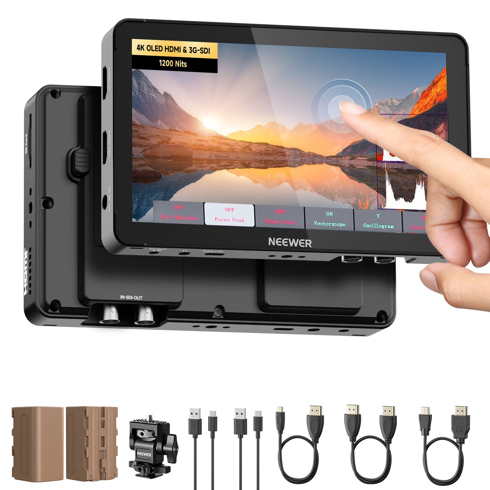 4K OLED HDMI & 3G-SDI 1200 Nits - OFF Full-Waveform SO 0 Focus Peak OFF ON T Palso Color Vecterscope Oscillogram NEEWER IN-SDI-OUT